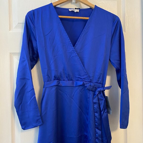 NSR Nordstrom Long Sleeve Faux Wrap Around Maxi Dress - Small - Royal Blue NWT - Picture 3 of 5